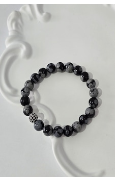 8 Mm Zirkon Taşı Karlı Obsidyen Doğaltaş Bileklik Siyah - Beyaz