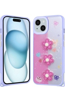 Apple Uyumlu iPhone 14 Plus Kılıf Parlayan Simli Kabartma Figürlü Zore Cevze Kapak Mor Papatya