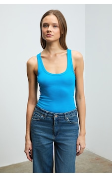 Ethıquet Lıllesol Kadın Fitilli Görünümlü Slim Fit Vücuda Oturan Havuz Yakalı Pamuklu Basic Mavi Atl