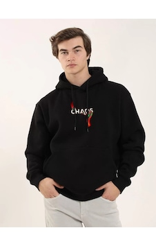 Tarzyeri Erkek Baskılı Oversize Üç İplik Kapüşonlu Sweatshirt - Siyah