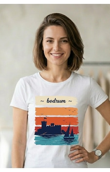 Baranışık Bodrum Kalesi Ve Yelkenli Retro Baskılı Unisex Beyaz Tişört Baranışık Bodrum Kalesi Ve Yelkenli Retro Baskılı Unisex Beyaz Tişört