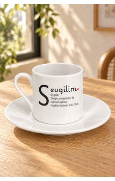 Sevgilim Baskılı Tabaklı Türk Kahvesi Fincanı Beyaz Sevgilim Baskılı Tabaklı Türk Kahvesi Fincanı Beyaz