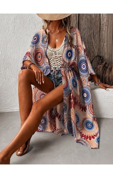 Efnaz Style Kadın Kısa Kollu Önü Açık Belden Kuşaklı Uzun Kimono Kırmızı