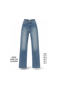 Miss Poem Kadın Tint Mavi Taş Detaylı Wide Leg Jean Pantolon