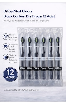 Difaş Med Clean Black Carbon Diş Fırçası 12 Adet Standlı Koruyucu Kapaklı Siyah Karbon Fırça Seti Difaş Med Clean Black Carbon Diş Fırçası 12 Adet Standlı Koruyucu Kapaklı Siyah Karbon Fırça Seti