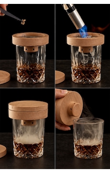 Premium Viski Tütsüleme Seti Ahşap Kapaklı Cam Smoke Infuser, Kokteyl Aromalandırma Premium Viski Tütsüleme Seti Ahşap Kapaklı Cam Smoke Infuser, Kokteyl Aromalandırma