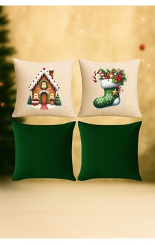 Yılbaşı Temalı Kırlent Kılıfı 4 Lü Set Yeşil