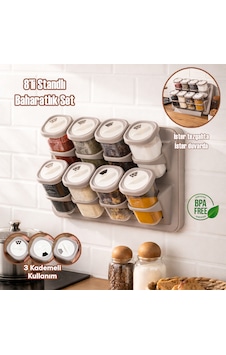 Porsima 5340 8li Etiketli Asmalı Kendinden Yapışkanlı Tezgah Üstü Standlı Döner Kapaklı Baharatlık Seti Cappuccino-krem-350ml Porsima 5340 8li Etiketli Asmalı Kendinden Yapışkanlı Tezgah Üstü Standlı Döner Kapaklı Baharatlık Seti Cappuccino-krem-350ml