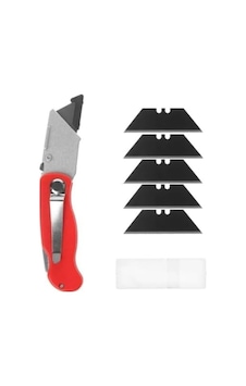 Çakı Tipi Katlanır Maket Bıçağı, Halı Falçatası, 5 Yedek Bıçak İle Kırmızı Çakı Tipi Katlanır Maket Bıçağı, Halı Falçatası, 5 Yedek Bıçak İle Kırmızı