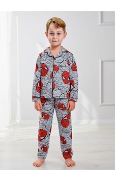 Pistyle Erkek Çocuk Örümcek Desenli Düğmeli Alt Üst Pijama Takımı Kırmızı
