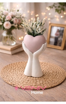 Dekoratif Beyaz Çiçek Ve El Kalp Saksı - Pinterest Tasarım - 25 Cm Beyaz