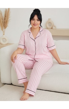 Siyah İnci Desenli Pamuklu Düğmeli Curve Büyük Beden Battal Pijama Takım Pembe Beyaz