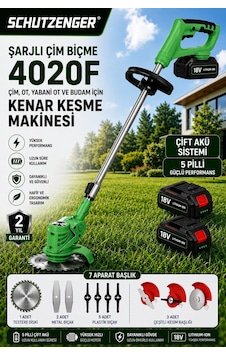 Schutzenger 4020F Şarjlı Ot Çim Biçme Kenar Kesme Makinesi 5 Pilli 2 Batarya 7 Başlıklı Şarjlı Tırpan Yeşil Schutzenger 4020F Şarjlı Ot Çim Biçme Kenar Kesme Makinesi 5 Pilli 2 Batarya 7 Başlıklı Şarjlı Tırpan Yeşil