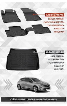 Sahler Renault Clio 5 2020+ Uyumlu 4.5d Sahler Premium Havuzlu Paspas Ve Liner Marka 3d Bagaj Havuzu