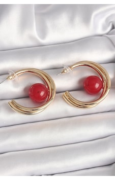 Pirinç Gold Renk Halka Model Kırmızı Boncuk Detay Kadın Küpe Çok Renkli Pirinç Gold Renk Halka Model Kırmızı Boncuk Detay Kadın Küpe Çok Renkli