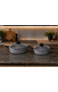 Granit Ezme Basık Tencere Seti 24cm+28cm Pilav Ve Karnıyarık Tenceresi 2li Set Gri Granit Ezme Basık Tencere Seti 24cm+28cm Pilav Ve Karnıyarık Tenceresi 2li Set Gri