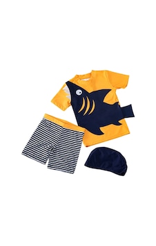 Petityu Upf50+ Turuncu Laci Köpekbalığı Şortu Çizgili Kısa Kol T-shirt Şort Mayo Şapka Set Petityu Upf50+ Turuncu Laci Köpekbalığı Şortu Çizgili Kısa Kol T-shirt Şort Mayo Şapka Set