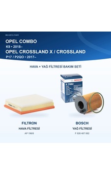 Opel Combo K9 / Opel Crossland X / Crossland P17, P2qo Hava+yağ Filtre Bakım Seti Opel Combo K9 / Opel Crossland X / Crossland P17, P2qo Hava+yağ Filtre Bakım Seti
