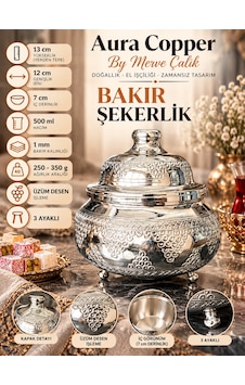 Aura Copper Kapaklı Bakır Şekerlik 3 Ayaklı El İşlemeli Lokumluk Gümüş Renk-üzüm Aura Copper Kapaklı Bakır Şekerlik 3 Ayaklı El İşlemeli Lokumluk Gümüş Renk-üzüm
