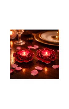 Kırmızı Gül Şeklinde Mumluk 2 Li Set Romantik Dekoratif Tealight Mumluk Seti Kırmızı