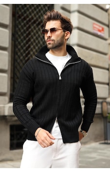 Madmext Siyah Çift Fermuarlı Slim Fit Çizgili Erkek Triko Hırka E7522 Madmext Siyah Çift Fermuarlı Slim Fit Çizgili Erkek Triko Hırka E7522