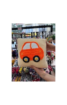 Örgü Araba Desenli Yastık El Yapımı Kadife Yastık Bebek/çocuk Odası Dekorasyonu 30cm X 30cm Turuncu
