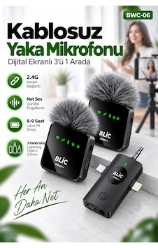 Blic Pro++ Bwc-06 3'ü 1 Arada 2.4g Kablosuz Çift Yaka Mikrofonu Dijital Ekranlı, Type-c / Lightnin Blic Pro++ Bwc-06 3'ü 1 Arada 2.4g Kablosuz Çift Yaka Mikrofonu Dijital Ekranlı, Type-c / Lightnin