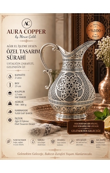 Bakır Sürahi 2 Litre İçi Kalaylı Geleneksel Dövme Ve El İşlemeli İbrik