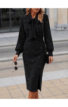 Butik İstanbul Kadın Uzun Kollu Yakadan Fiyonklu Yandan Yırtmaçlı Incili Midi Ithal Krep Elbise Siyah Butik İstanbul Kadın Uzun Kollu Yakadan Fiyonklu Yandan Yırtmaçlı Incili Midi Ithal Krep Elbise Siyah