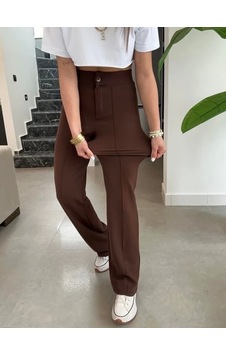 Defymoda Kadın Yüksek Bel Full Likralı Krep Kumaş Pantolon Kahve