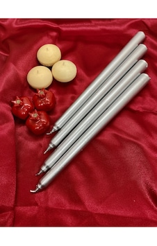 4 Adet Gümüş Varaklı Gri Renk Silindir Konik Şamdan Mumu Sedefli Silver Uzun Ince Konik 4'lü