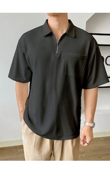 Genius Store Erkek Oversize Polo Yaka Waffle T-shirt Poloyaka-fermuarlı Füme Genius Store Erkek Oversize Polo Yaka Waffle T-shirt Poloyaka-fermuarlı Füme