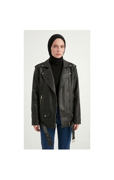 Meecy Kadın Oversize Biker Tesettür Deri Ceket Siyah Siyah