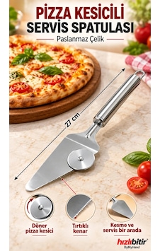 Bymyhand Paslanmaz Çelik Pizza Kesicili Servis Spatulası Metalik Gri Bymyhand Paslanmaz Çelik Pizza Kesicili Servis Spatulası Metalik Gri