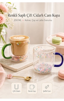 250 Ml Çift Cidarlı Cam Kupa Renkli Saplı İç Dekor Şeffaf Kahve Çay Latte Sunum Bardağı 1 Adet 250 Ml Çift Cidarlı Cam Kupa Renkli Saplı İç Dekor Şeffaf Kahve Çay Latte Sunum Bardağı 1 Adet