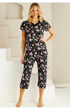 Alimer Kadın Siyah Dantelli V Yaka Bermuda Pijama Takım Edy2735s Siyah