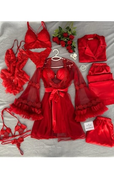 Mh Moony Homewears Lüx Kutulu Pera 10 Parça Saten Gecelik Tül Sabahlık Pijama Iç Giyim Çeyiz Seti Çok Renkli