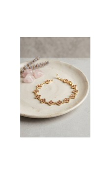 Gold Renk Pembe Zirkon Taşlı Yonca Model Kadın Bileklik Tj-bb8890 Evimdeyokyok