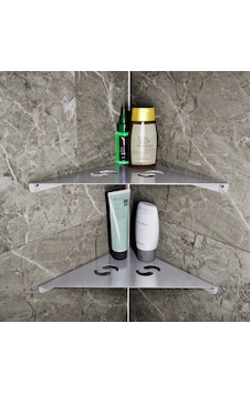 Paslanmaz Çelik 2 Katlı Köşe Banyo Rafı Defne Model 25,3x25,3 Cm - Yapıştırmalı & Vidalı Montaj Gri