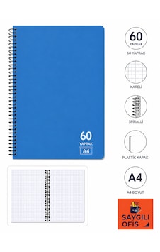 Saygılıofis 60 Yaprak A4 Spiralli Pp Kapak Kareli Defter Mavi Saygılıofis 60 Yaprak A4 Spiralli Pp Kapak Kareli Defter Mavi