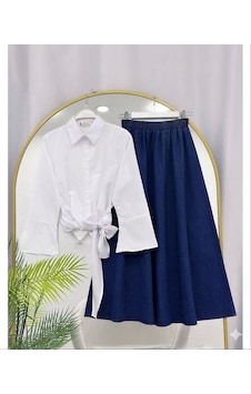 Lovie Moda Kadın Bağcıklı Gömlek Kot Etekli Takım - Beyaz Lovie Moda Kadın Bağcıklı Gömlek Kot Etekli Takım - Beyaz