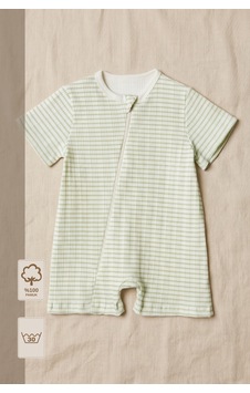 Minory Baby - Fermuarlı Çizgili Kısa Kollu Yazlık Bebek Tulum Yeşil Yeşil Minory Baby - Fermuarlı Çizgili Kısa Kollu Yazlık Bebek Tulum Yeşil Yeşil