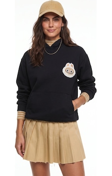 Onloox Kadın Siyah Siyah Pamuklu Kapüşonlu Uzun Kollu Nakış İşlemeli Kanguru Cepli Sweatshirt Onloox Kadın Siyah Siyah Pamuklu Kapüşonlu Uzun Kollu Nakış İşlemeli Kanguru Cepli Sweatshirt