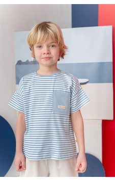 Zeyland Erkek Çocuk Çizgili Çepli T-shirt - Mavi Çizgili Mavi Zeyland Erkek Çocuk Çizgili Çepli T-shirt - Mavi Çizgili Mavi