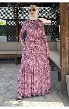 Rabia Şamlı Rengin Şal Desenli Gömlek Elbise Fuşya Normal Rabia Şamlı Rengin Şal Desenli Gömlek Elbise Fuşya Normal