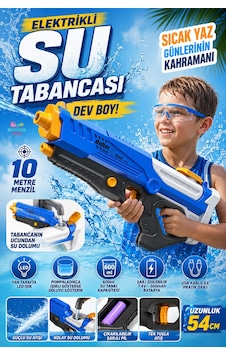 Büyük Boy Otomatik Atış Yapan Işıklı Elektrikli 10 Metre Menzil Su Tabancası 54 Cm.