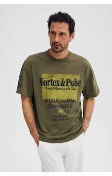 Grımelange Colına Erkek %100 Organik Pamuklu Baskı Detaylı Regular Fit Yuvarlak Yaka Haki T-shirt