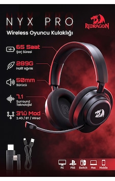 Redragon Bt-2.4g-wired 7.1 Sound Anc Kablosuz Oyuncu Kulaklık H891 Redragon Bt-2.4g-wired 7.1 Sound Anc Kablosuz Oyuncu Kulaklık H891
