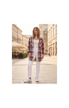Polologin Butik Kapüşonlu Ekose Desenli Viskon Tunik Bordo