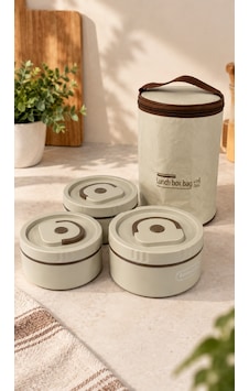 Favora 3'lü Çelik Termoslu Lunch Box Yemek Kabı Seti Bej